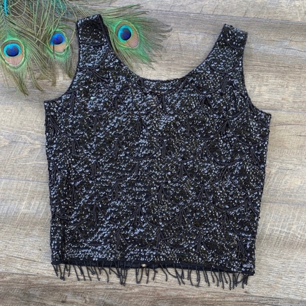 IMPERIAL Imports Vtg Black Sequin & Beaded Tank